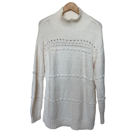 Lou & Grey Sweaters - Lou & Grey Women's Ivory Mock Neck Sweater M Pom-Pom Detail Casual Alpaca Blend